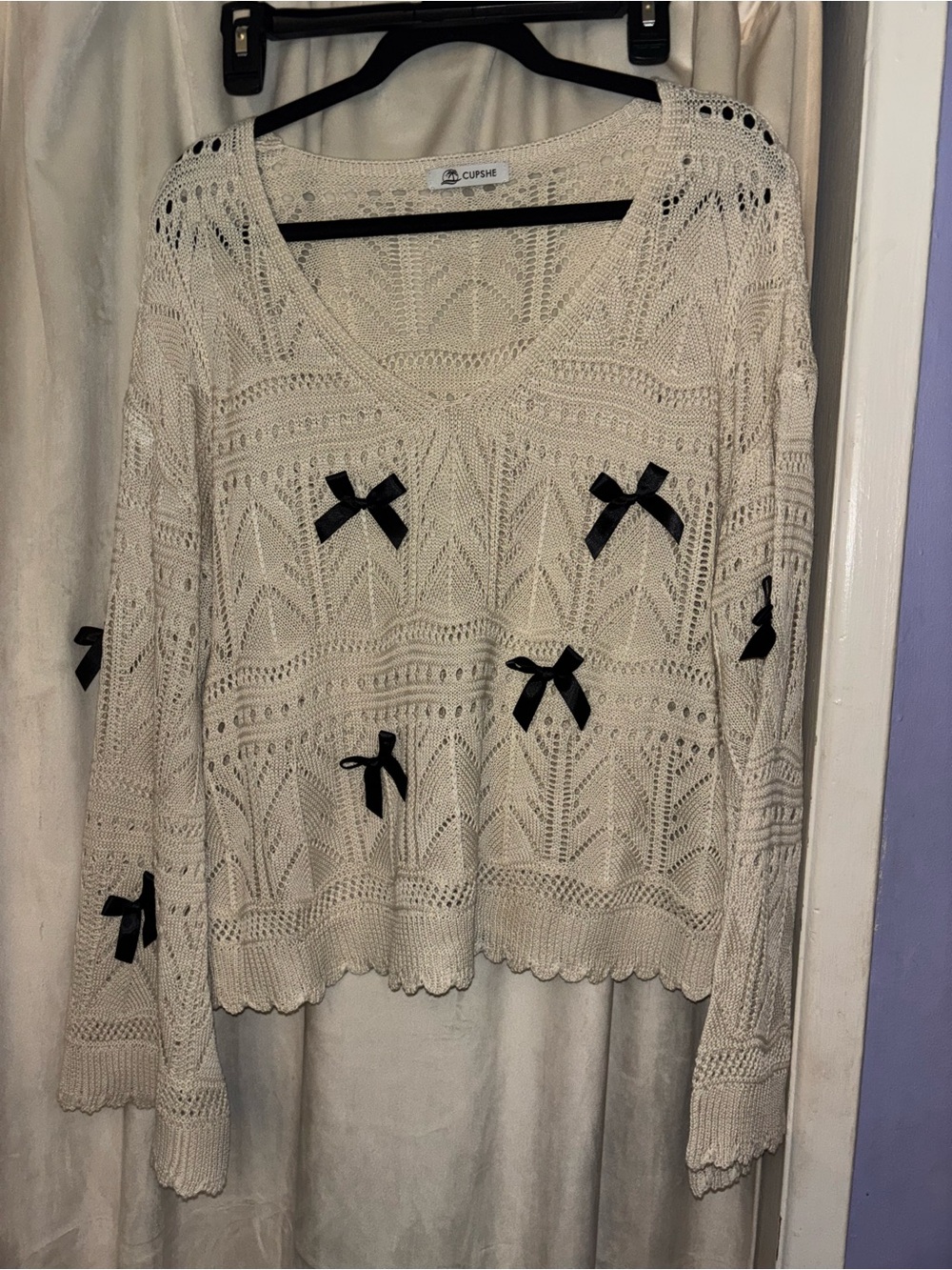 Cupshe Cream Openwork V-Neck Sweater with Black Bows